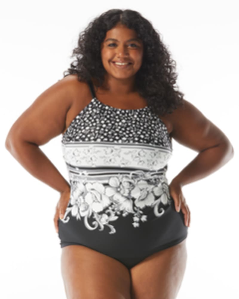 Front of a model wearing a size 16W Blair High Neck Tankini Top in BLACK by Beach House Woman. | dia_product_style_image_id:269120